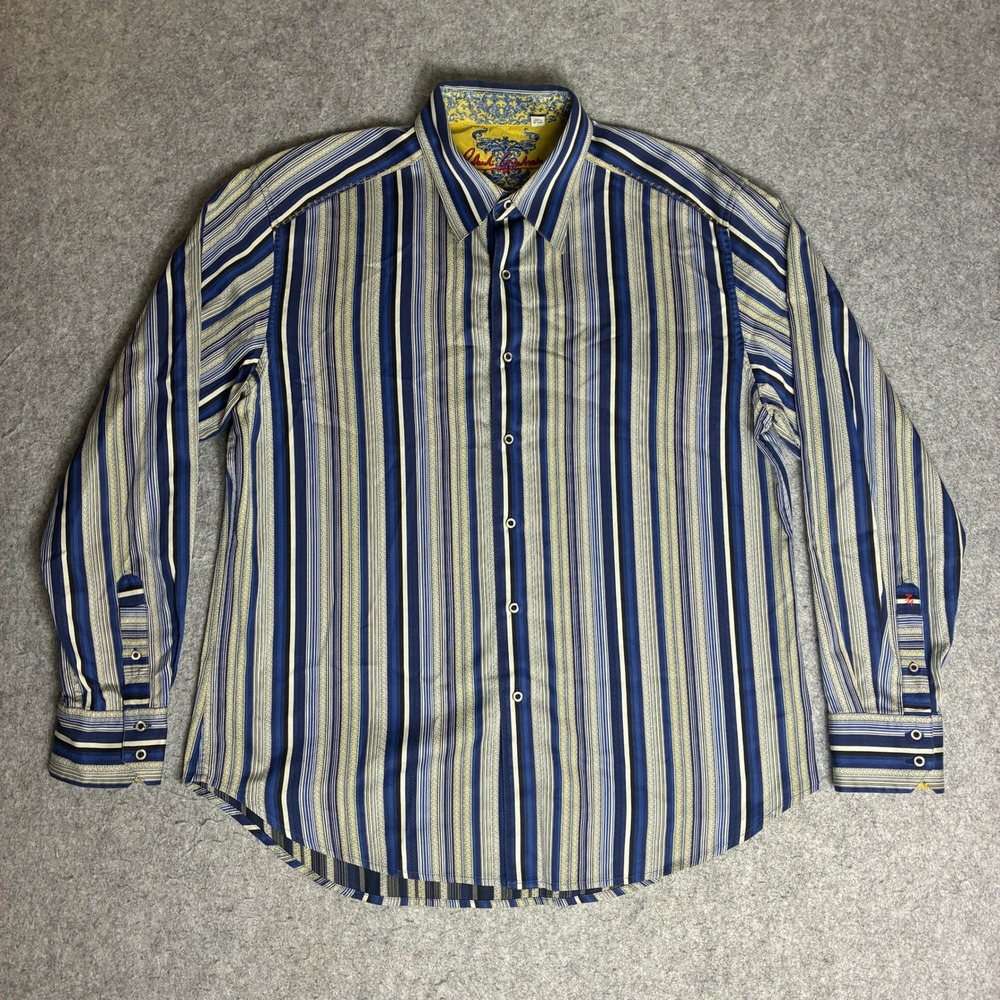 Robert Graham Button Down Shirt Mens XL Blue Stripe Excellent Contrast Cuffs